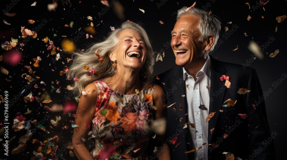  a man and a woman are laughing while confetti is thrown in the air behind them on a black background.