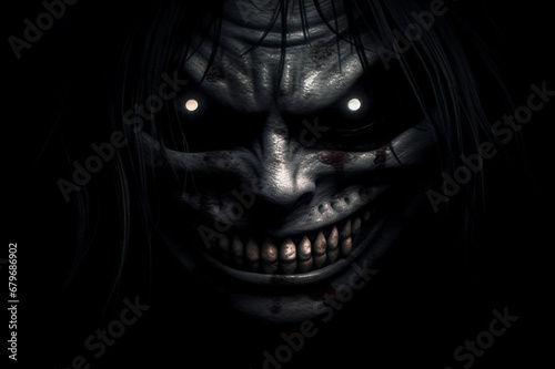 Closeup of a Sinister Demonic Face Emerging From Darkness