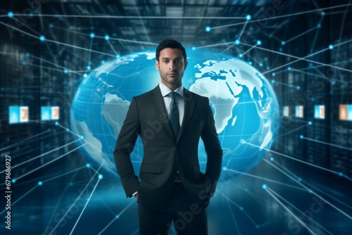 Young attractive businessman with world map in background 