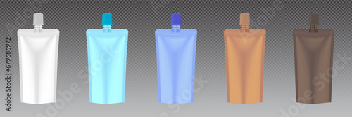 Set of doypack packaging with screw cap. Blank foil drink bags pouches with spout. Ketchup, mayonnaise or mustard. Stand up Doy pack mockup set : white, blue, purple, brown and dark brawn.