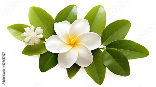 white frangipani flower isolated, beautiful flower with leaf on a transparent background, Generative AI © mizan