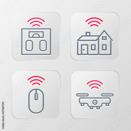 Set line Smart drone, Wireless mouse, home with wireless and bathroom scales icon. Vector