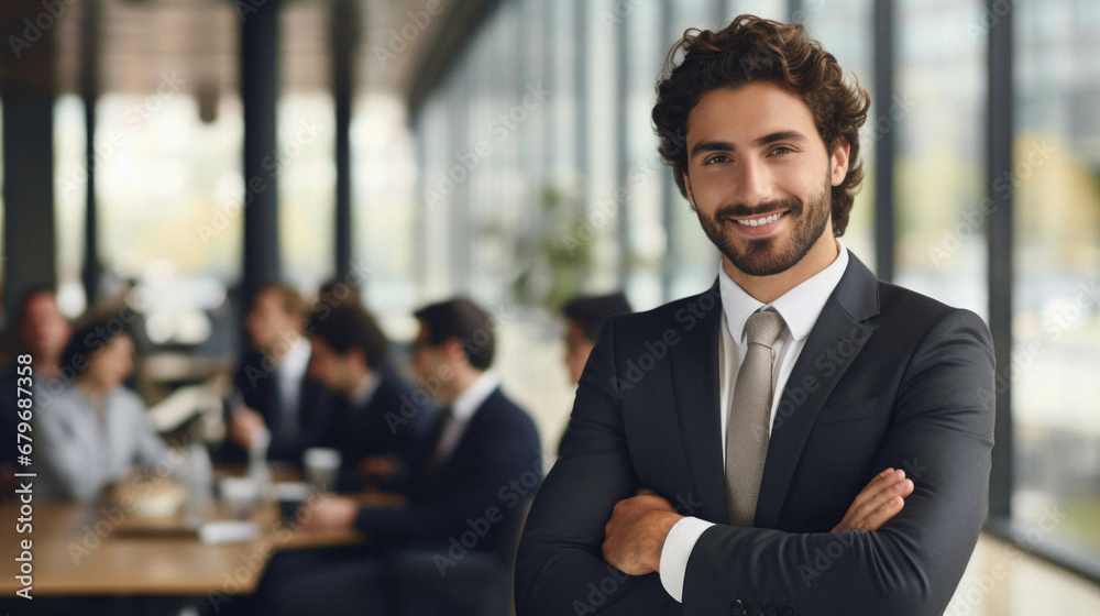 Businessman standing in office of business center. business man.