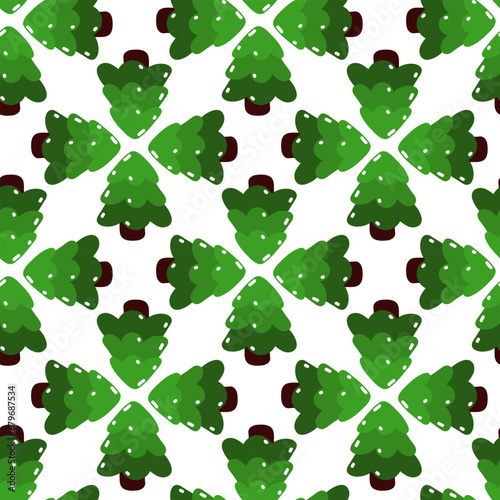 Seamless Christmas tree pattern on white background. Symmetrical repetitions of the Christmas tree pattern. Green cute rounded Christmas trees in a circle. Vector background