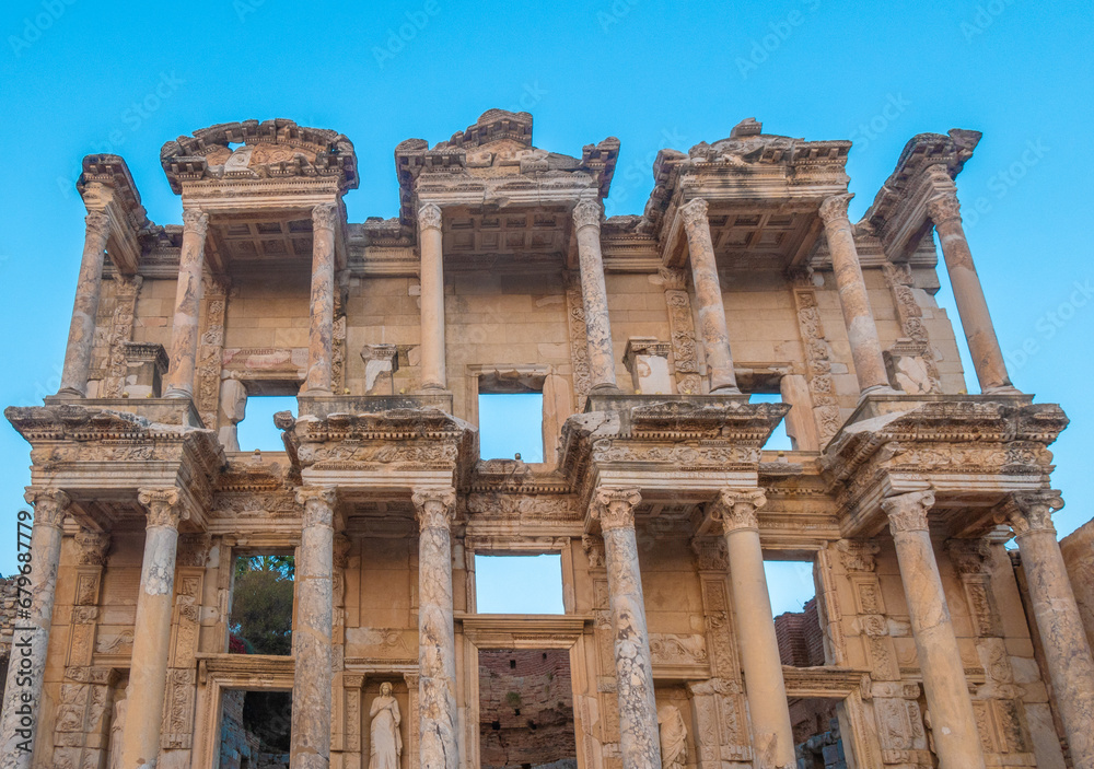 The iconic Library of Celsus among the ruins of the ancient Greek and Roman City of Ephesus, Turkey (Türkiye)