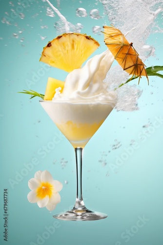 Pina colada cocktail with liquid splashes and pineapple slices flying in the air on light blue background