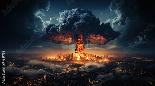  a nuclear bomb in the middle of a city at night, burning fire in the sky,Nuclear Explosion, Mushroom cloud © Planetz