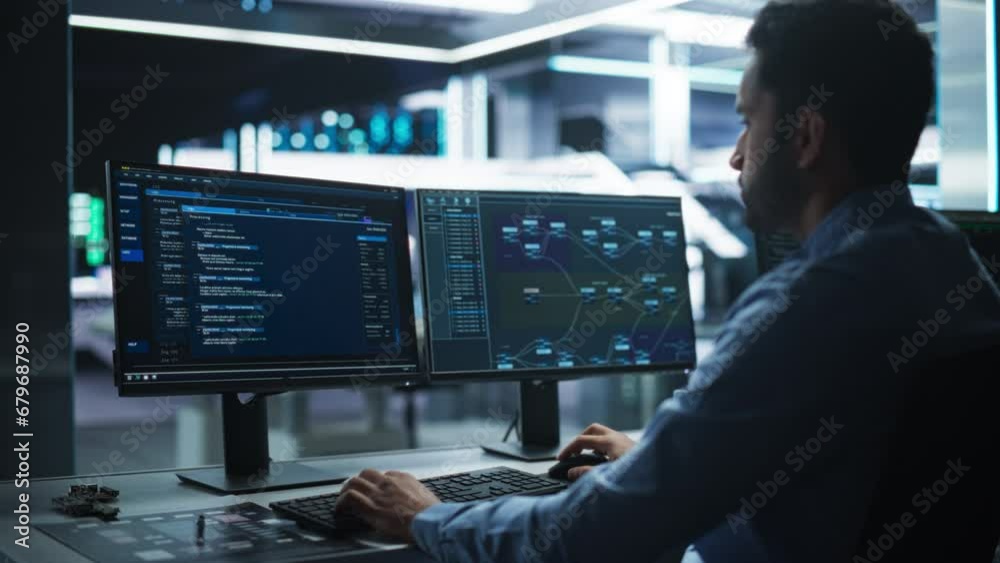 High-Tech Data Center Server Control: IT Specialist Administrator Working on Computer, Screen Showing Big Data AI Analysis and Code. Web Services, Machine Learning, Analytics Facility, Cyber Security