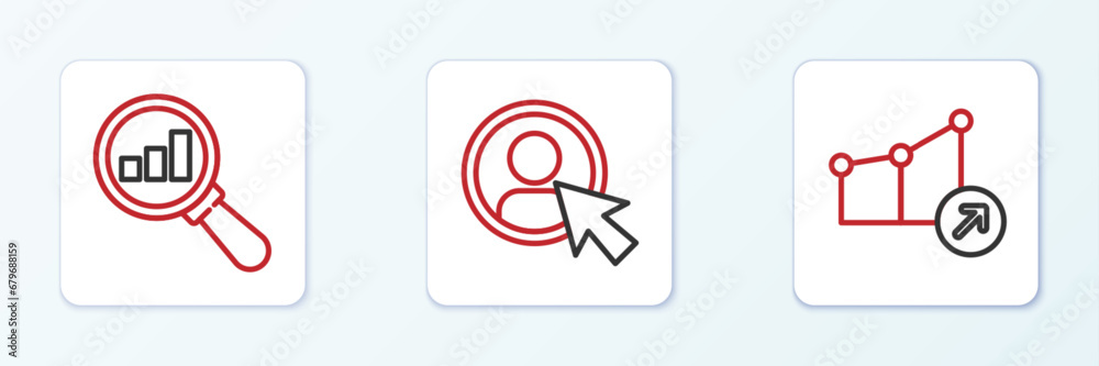 Set line Financial growth, Magnifying glass and analysis and Create account screen icon. Vector Set line Financial growth, Magnifying glass and analysis and Create account screen icon. Vector