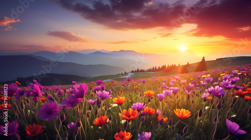A beautiful scene of a colorful flower field with mountains in the background at sunset or sunrise or sunset in the distance