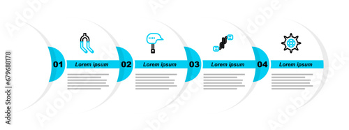 Set line Bicycle sprocket crank, pedals, helmet and fork icon. Vector