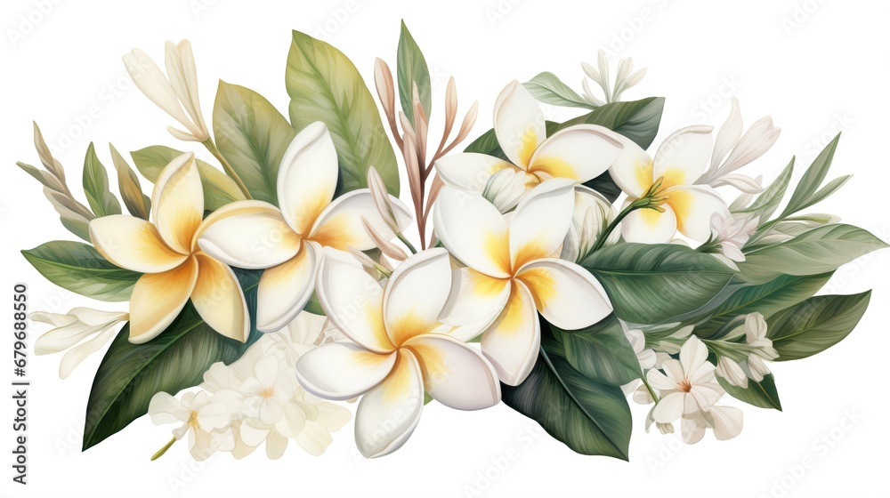 Obraz premium White plumeria or white frangipani flowers on white background