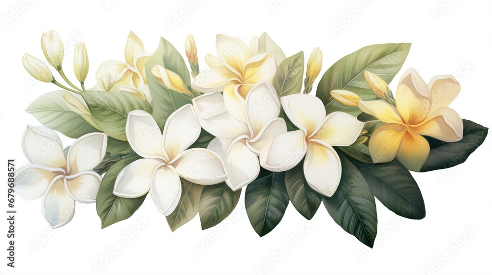 White plumeria or white frangipani flowers on white background