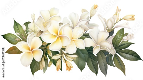 White plumeria or white frangipani flowers on white background