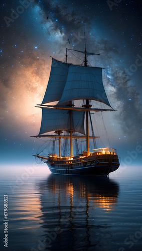 In a whimsical composition, a captivating cinematic surreal photograph showcases an offbeat dazzling satellite schooner.