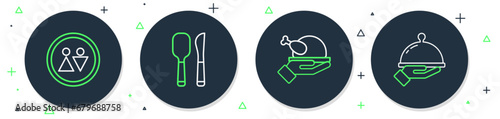 Set line Knife and spoon, Roasted turkey or chicken, Toilet and Covered with tray of food icon. Vector