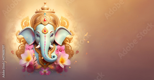 Hindu mythological god Ganesha with flowers and gold decor