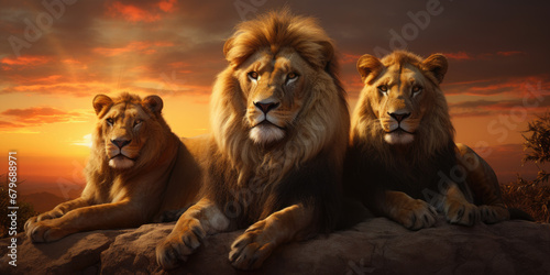 a lion family sitting side by side in the wilderness