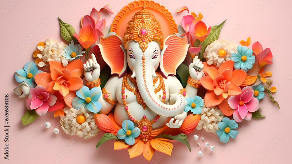 3D illustration of Hindu mythological god Ganesha with flowers on a pink background
