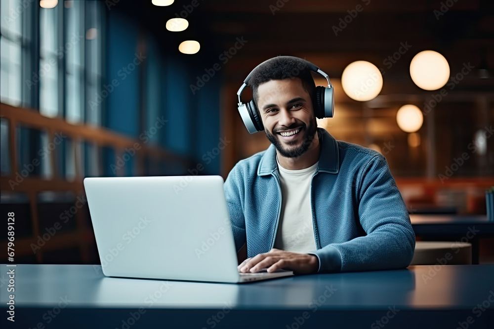 Young businessman working happily online with laptop and headphones in modern home office. Young businessman working happily online with laptop and headphones in modern home office.
