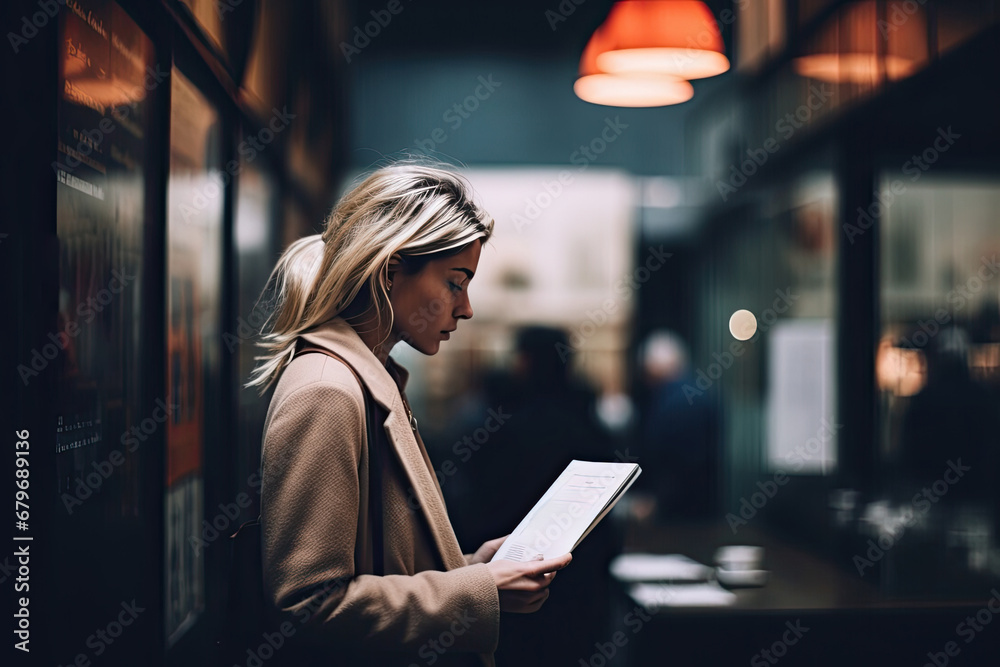 Fototapeta premium A young businesswoman immersed herself in reading outdoors in a city cafe, combining beauty and professionalism.
