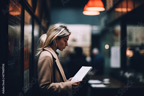 A young businesswoman immersed herself in reading outdoors in a city cafe, combining beauty and professionalism.