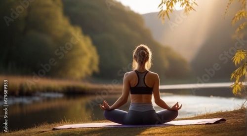 young woman doing yoga in the nature, woman doing yoga exersise, yoga lessons in the nature photo