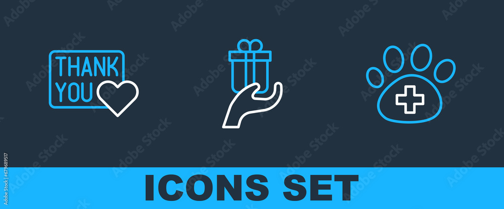 Set line Veterinary clinic, Thank you with heart and Give gift icon. Vector Set line Veterinary clinic, Thank you with heart and Give gift icon. Vector