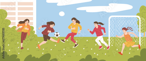 Young girls play football, vector illustration in cartoon flat style © sabelskaya