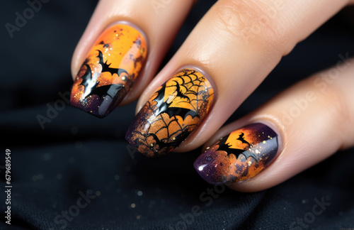  a woman's purple nails with halloween designs