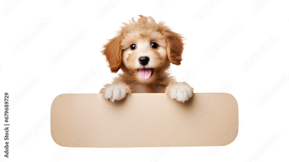Dog with a sign, Cute dog holding a sign board and looking at the camera isolated on a transparent background, Generative AI - obrazy, fototapety, plakaty 