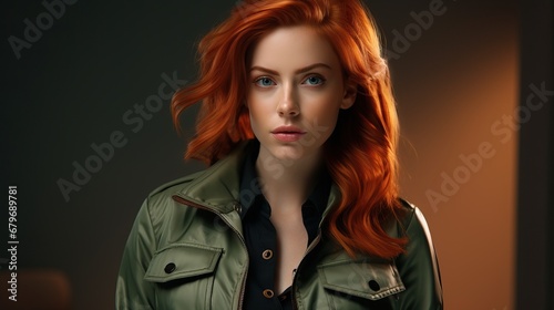 Beautiful woman redhead with a leather jacket