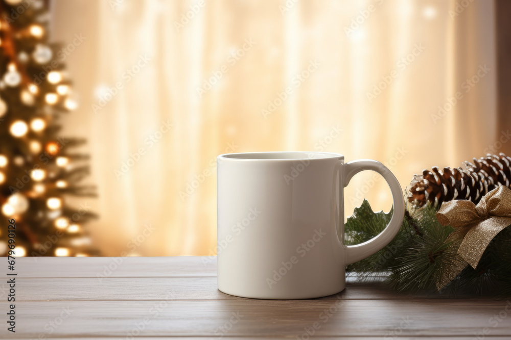 White blank coffee or tea mug with decorated christmas living room in background. Generative AI White blank coffee or tea mug with decorated christmas living room in background. Generative AI