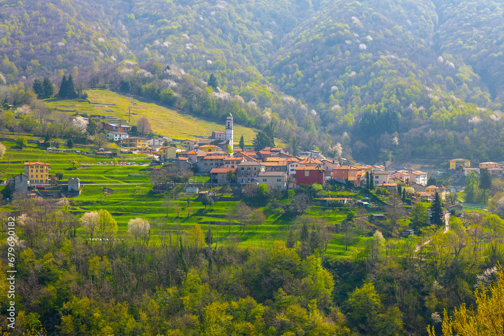 Muggio Valley with Village and Mountain in a Sunny Day in Ticino, Switzerland
