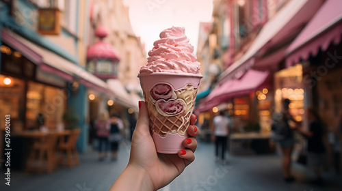 Delicious an ice cream on a girl's hand holding as an advertisement purpose for selling product, close up view image an ice-cream with food street at city 