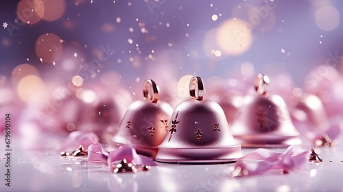  a group of bells sitting next to each other on top of a table with pink flowers on top of it.