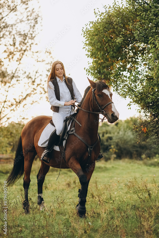 A woman jockey trains her horse to follow commands. The horse raises its leg at the command of the rider.