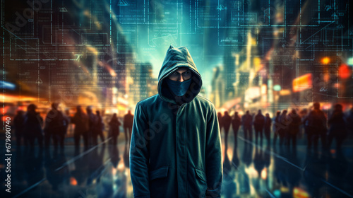 Anonymous hacker, surrounded by a network of glowing data. Cybersecurity, Cybercrime, Cyberattack. Generative AI	