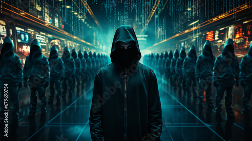 Anonymous hacker, surrounded by a network of glowing data. Cybersecurity, Cybercrime, Cyberattack. Generative AI	