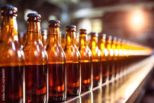 Beer production plant. Brewery conveyor with glass bottles of beer and alcohol. Close-up. Blurred background. Modern production for bottling drinks. Selective focus.