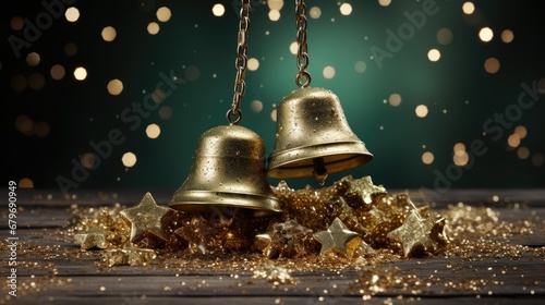  a couple of bells sitting on top of a wooden table next to a pile of gold stars and confetti.