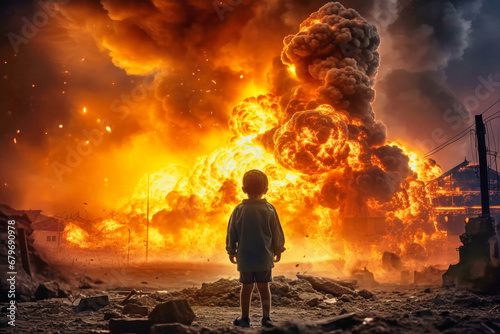 A small child against the background of an explosion and fire. War. A child looks at the fire and destruction of his house. © Anoo