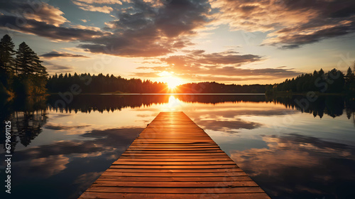 A long dock is sitting on the water near a forest and a lake at sunset with the sun shining