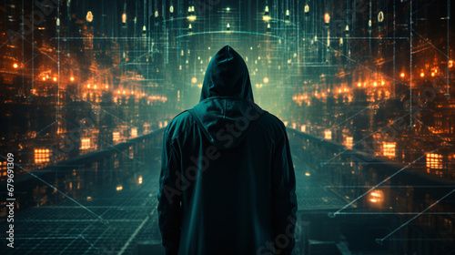 Anonymous hacker, surrounded by a network of glowing data. Cybersecurity, Cybercrime, Cyberattack. Generative AI	