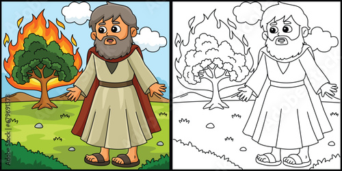  Moses and Burning Bush Coloring Page Illustration