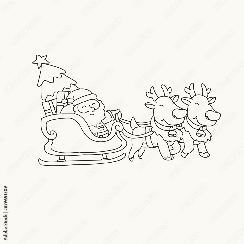 Santa Claus and reindeer on a sleigh, vector outline  illustration

