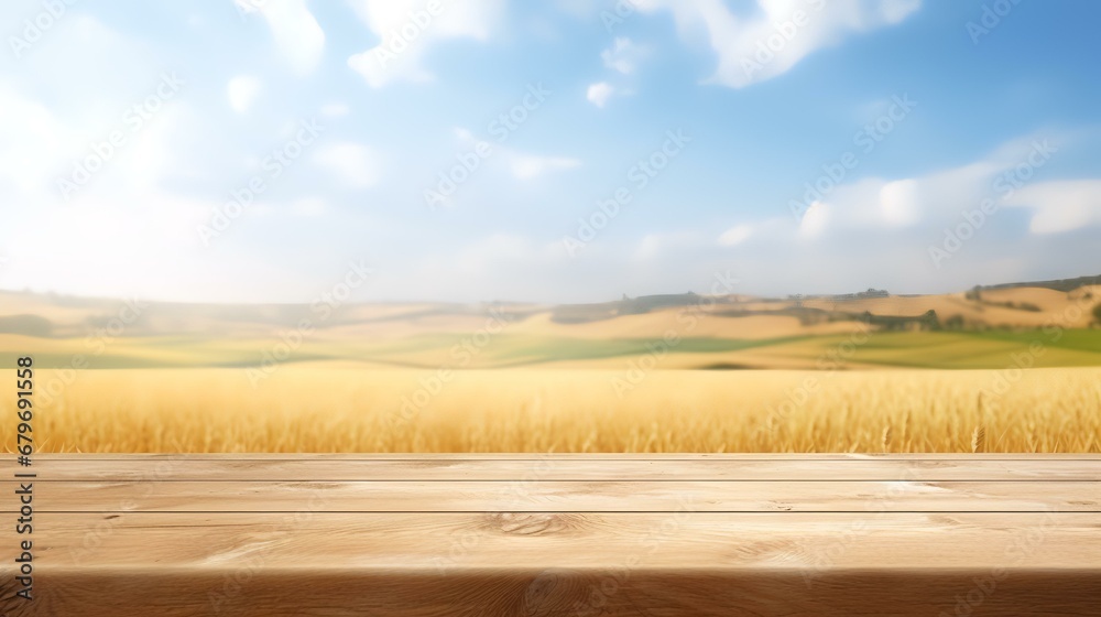 Fototapeta premium Empty wooden table in the sunflower field