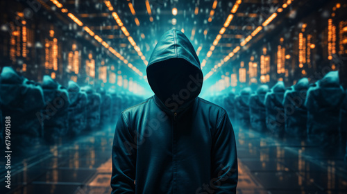 Anonymous hacker, surrounded by a network of glowing data. Cybersecurity, Cybercrime, Cyberattack. Generative AI	