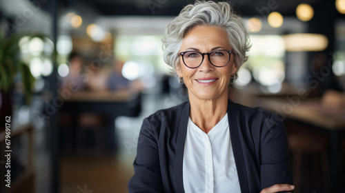 Portrait of confident mature woman standing in cafe.