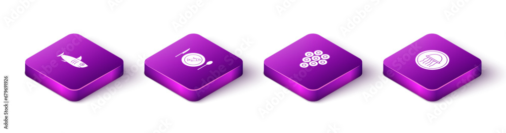 Set Isometric Shark, Served fish on plate, Caviar and Jellyfish icon. Vector Set Isometric Shark, Served fish on plate, Caviar and Jellyfish icon. Vector